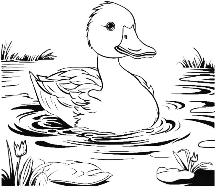 malvorlage-spritzende-ente-im-teich-mit-pflanzen