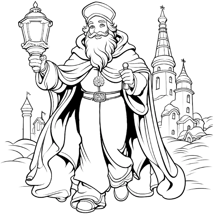 malvorlage-st-nikolaus-mit-laterne-in-einer-zauberhaften-landschaft