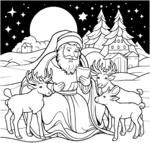 malvorlage-st-nikolaus-mit-rentieren-in-winterlandschaft