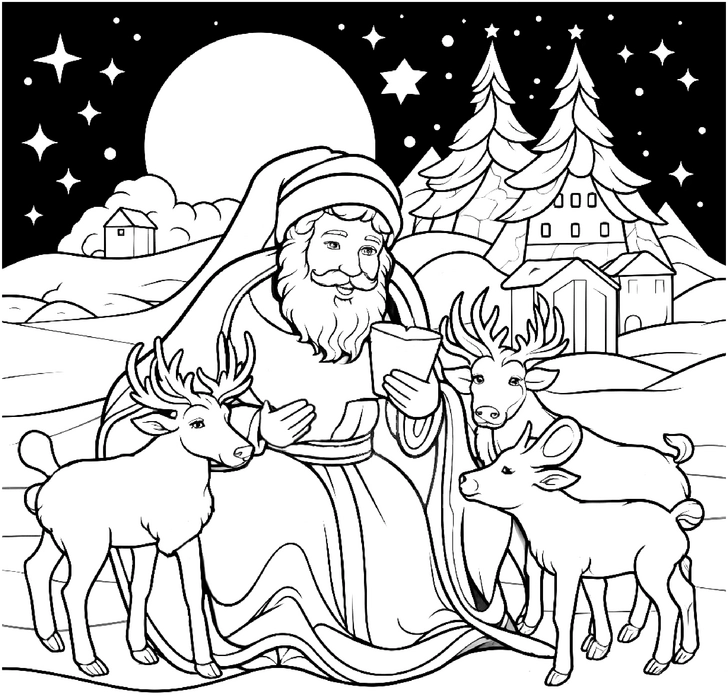 malvorlage-st-nikolaus-mit-rentieren-in-winterlandschaft