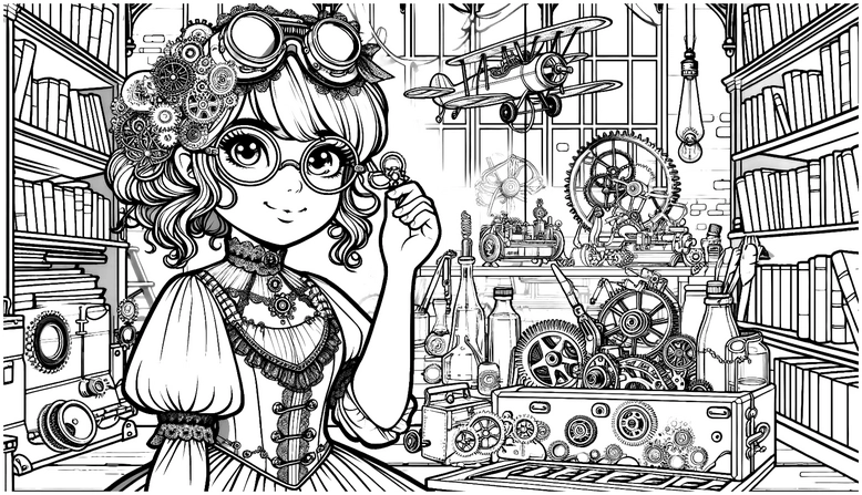 malvorlage-steampunk-maedchen-in-atelier-mit-zahnrädern