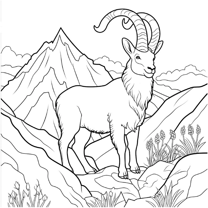 malvorlage-steinbock-in-berglandschaft