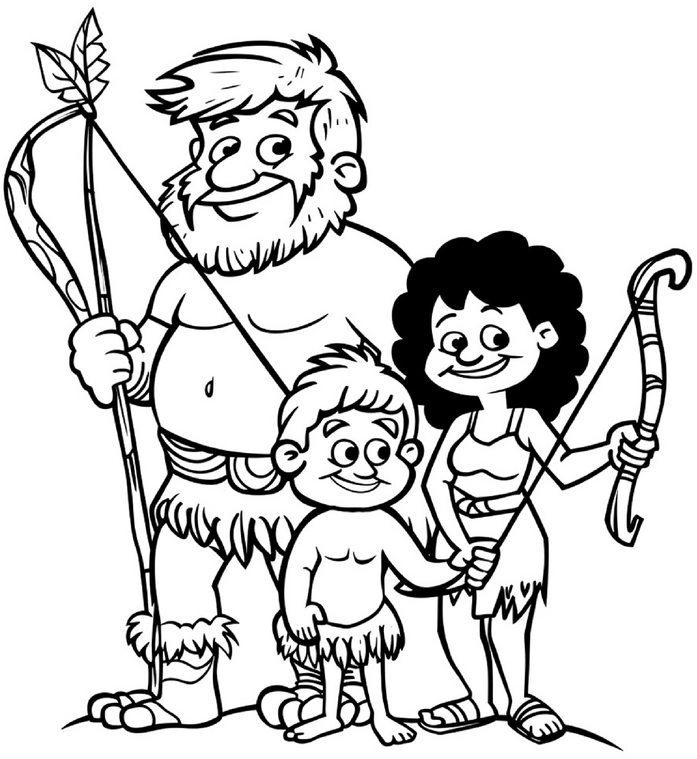 malvorlage-steinzeit-familie-mit-pfeil-und-bogen