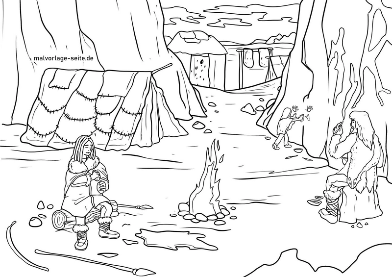 malvorlage-steinzeit-szene-mit-lagerfeuer-und-hoehlenmenschen