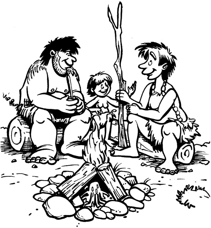 malvorlage-steinzeitfamilie-am-lagerfeuer