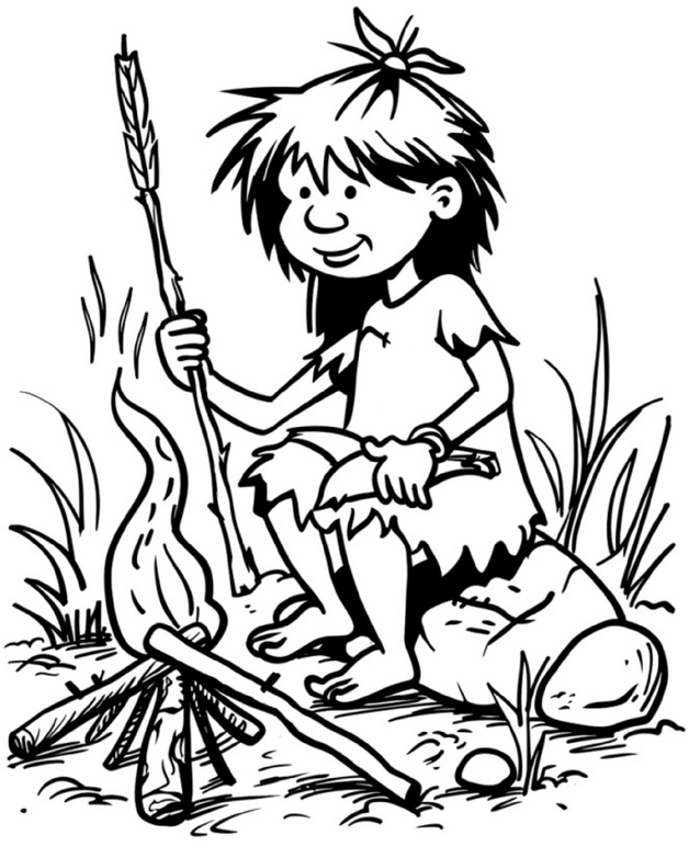 malvorlage-steinzeitkind-am-lagerfeuer