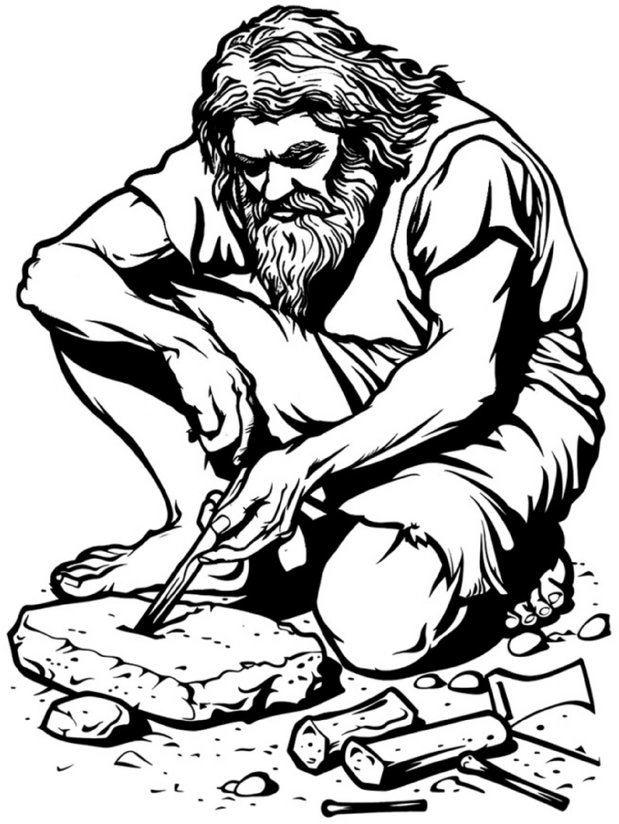 malvorlage-steinzeitmensch-mit-werkzeug-und-steinen