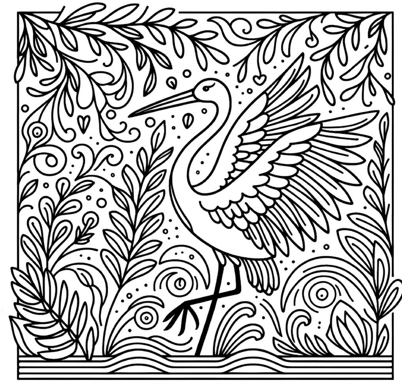 malvorlage-storch-in-natur-mit-pflanzen