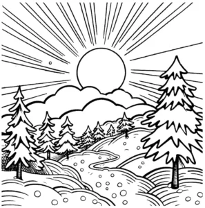 malvorlage-strahlende-sonne-und-tannenbaeume