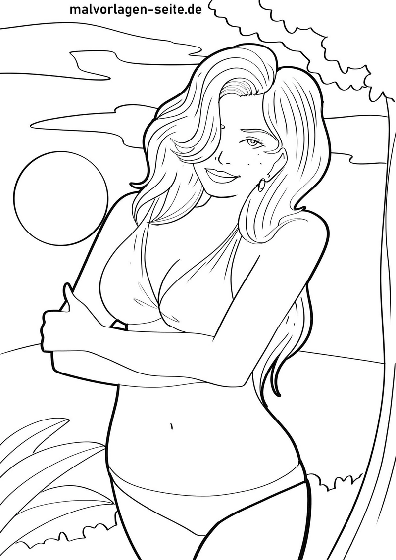 malvorlage-strandfrau-mit-bikini-und-sonne