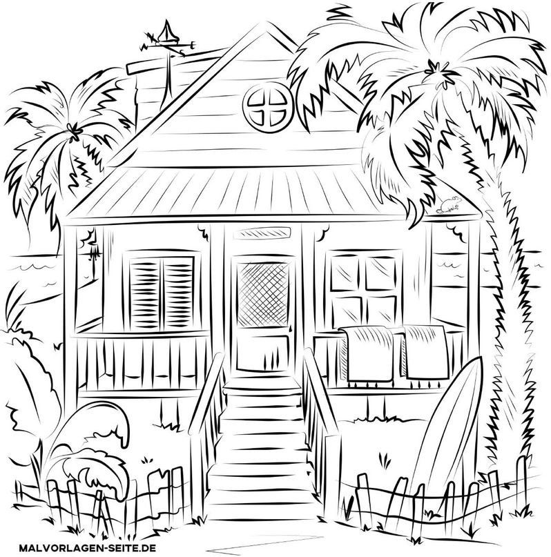 malvorlage-strandhaus-mit-palmen-und-natur