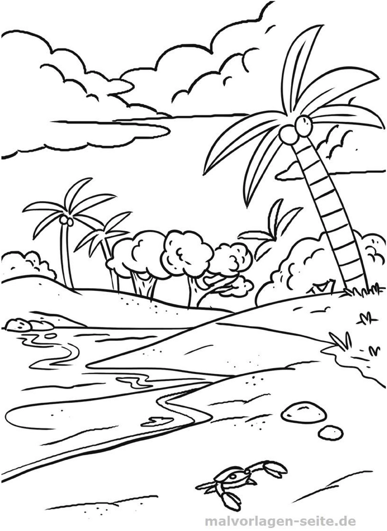 malvorlage-strandlandschaft-mit-palmen-und-krebs