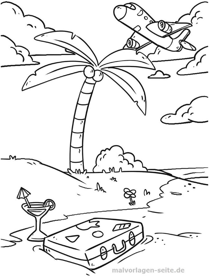 malvorlage-strandlandschaft-palmbaum-flugzeug
