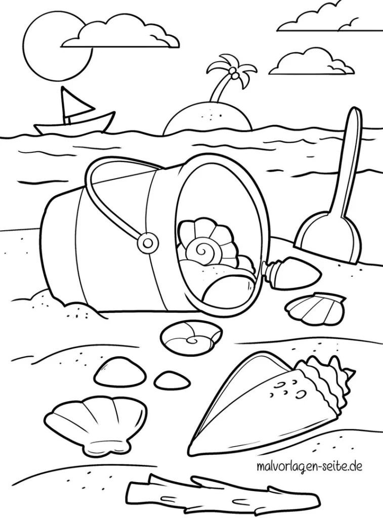 malvorlage-strandszene-mit-eimer-und-muscheln