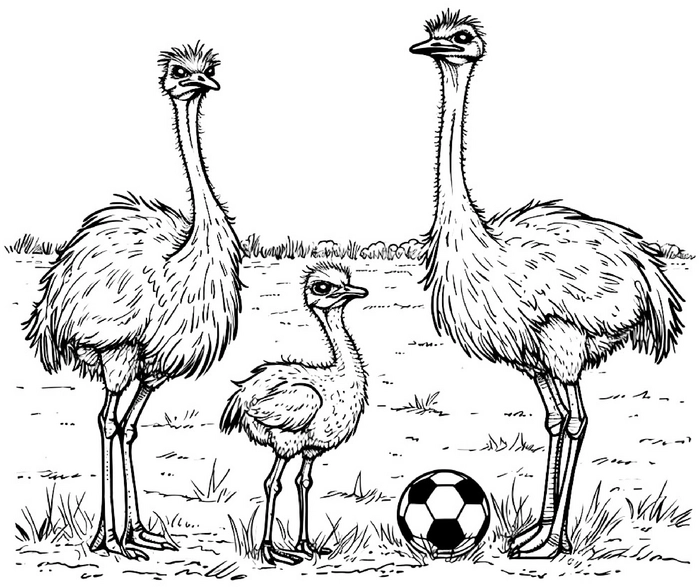 malvorlage-strausse-mit-fussball-in-der-natur