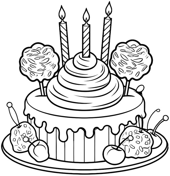 malvorlage-suesse-torte-mit-kerzen-und-leckereien