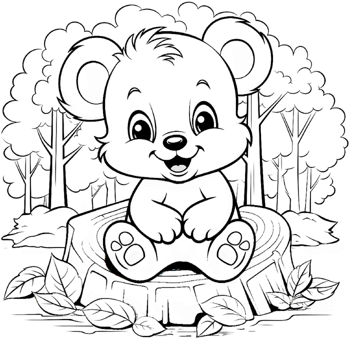 malvorlage-suesser-baer-auf-baumstumpf-im-wald