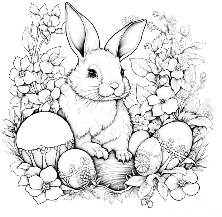 malvorlage-suesser-hase-ostereier-blumen