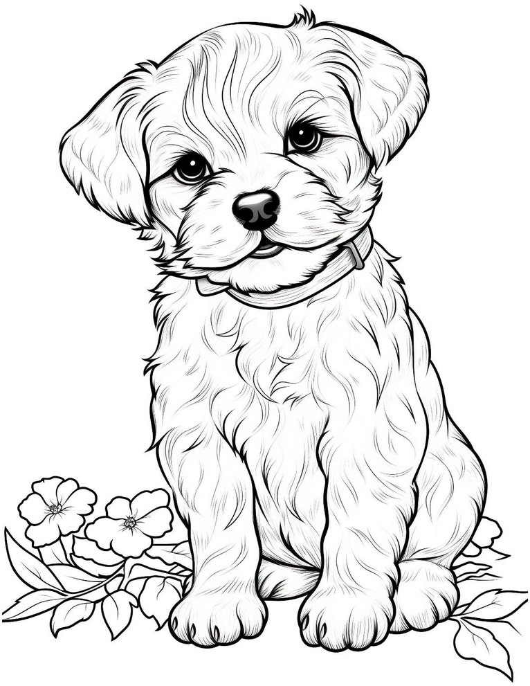 malvorlage-suesser-hund-mit-blumen