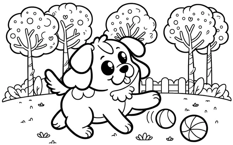 malvorlage-suesser-hund-spielt-mit-baellen-in-der-natur