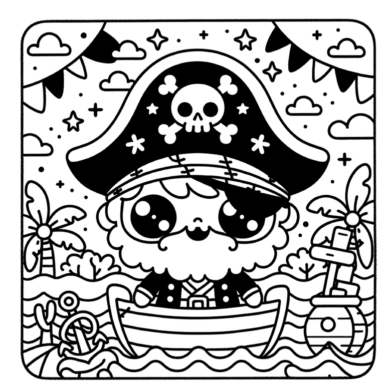 malvorlage-suesser-pirat-mit-boot-und-palmen