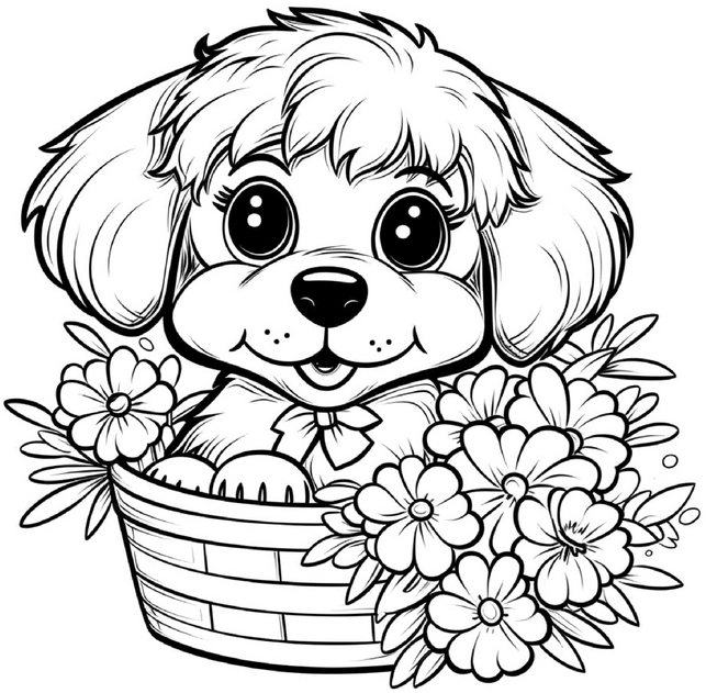 malvorlage-suesser-welpe-in-blumenkorb