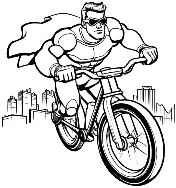malvorlage-superheld-fahrrad-in-stadtlandschaft