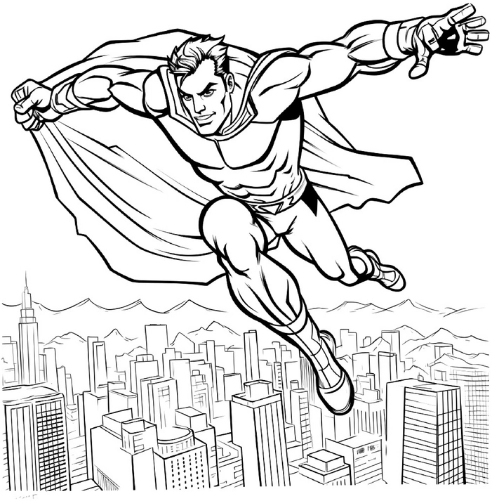 malvorlage-superheld-fliegender-comicheld-in-der-stadt