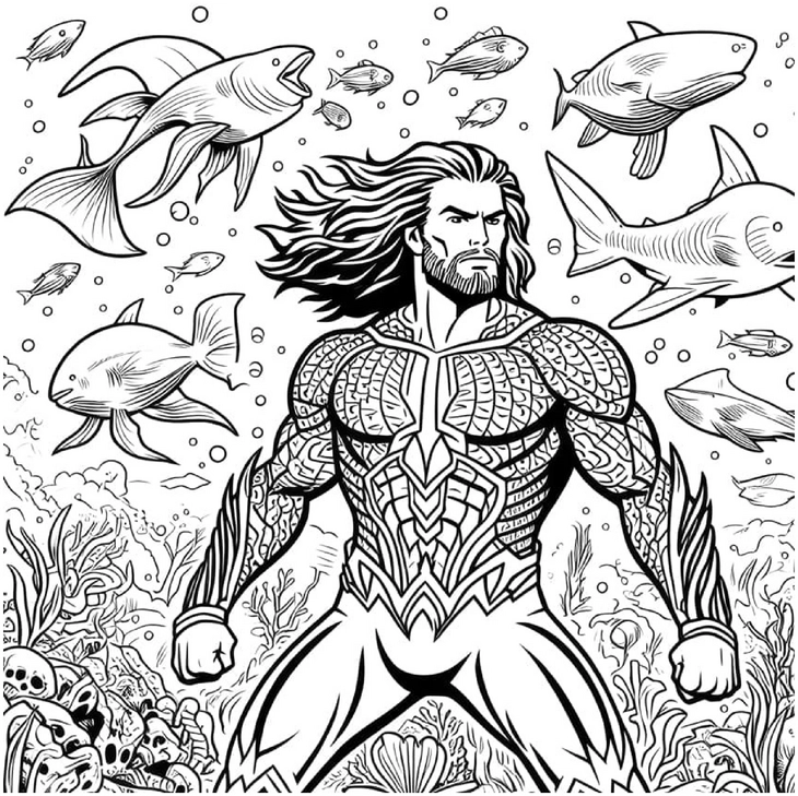 malvorlage-superheld-im-meer-mit-fischen