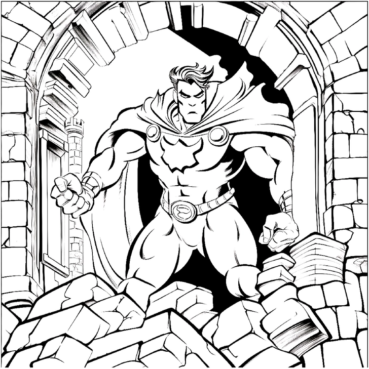 malvorlage-superheld-im-ruinenfeld