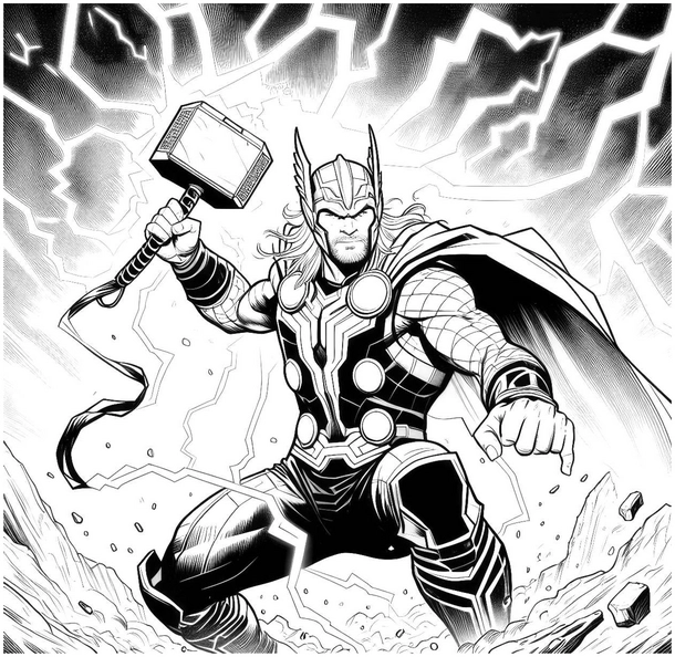 malvorlage-superheld-mit-hammer-und-blitzen