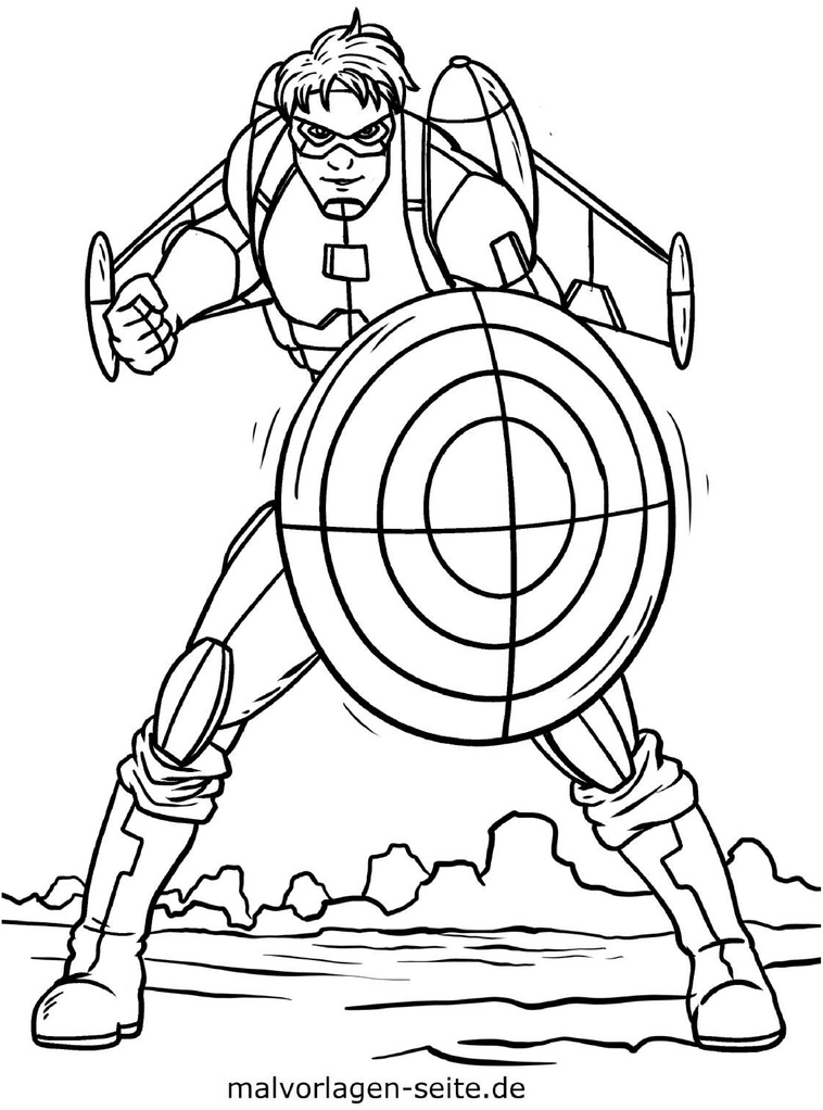 malvorlage-superheld-mit-schild-futuristische-ausruestung