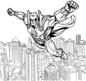 malvorlage-superhelden-fliegen-ueber-die-stadt