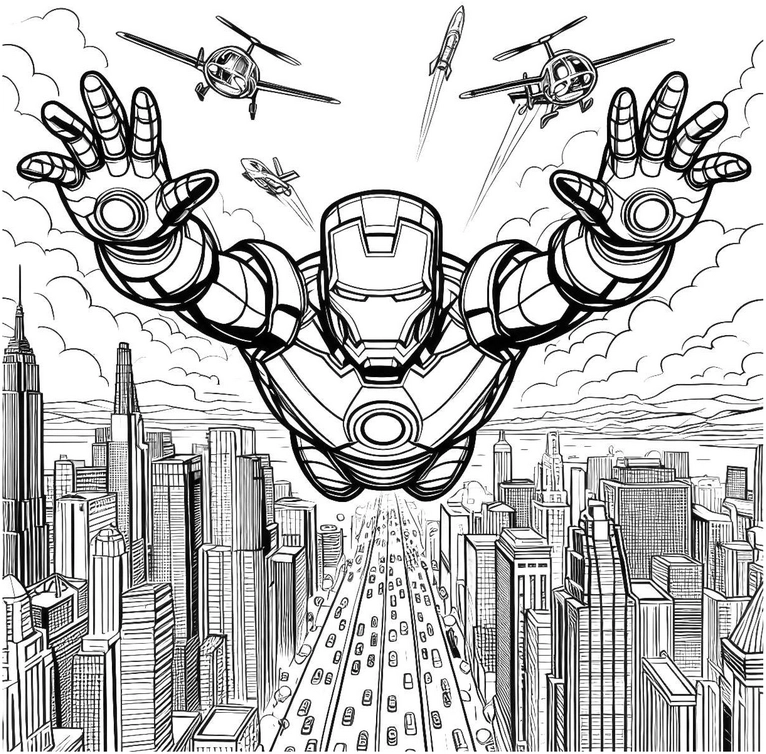 malvorlage-superhelden-fliegend-ueber-stadt
