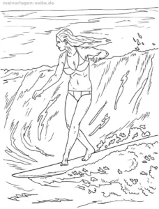 malvorlage-surferin-auf-der-welle