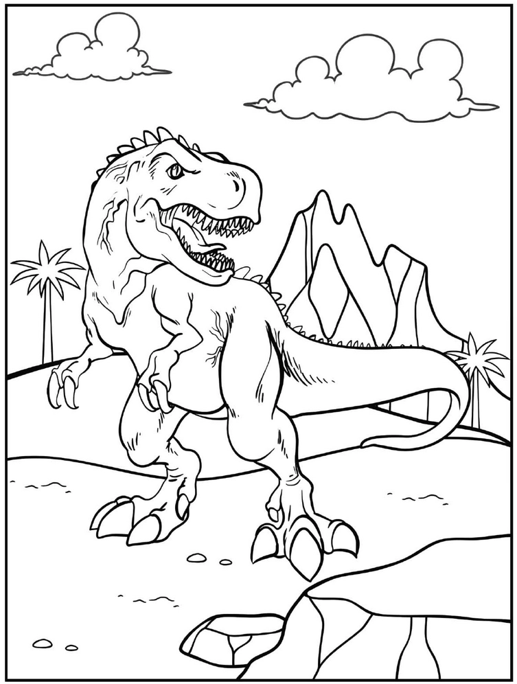 malvorlage-t-rex-in-prähistorischer-landschaft