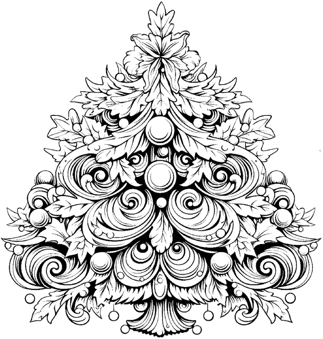 malvorlage-tannenbaum-mit-ornamenten-und-blaettern