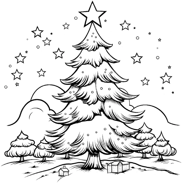 malvorlage-tannenbaum-mit-sternen-und-winterlandschaft