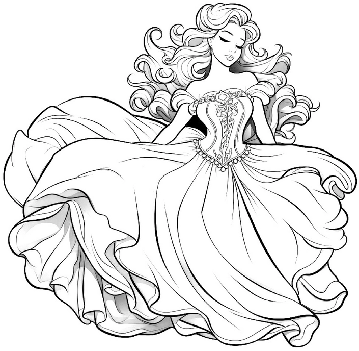 malvorlage-tanzende-prinzessin-elegantes-kleid-und-fliessende-haare