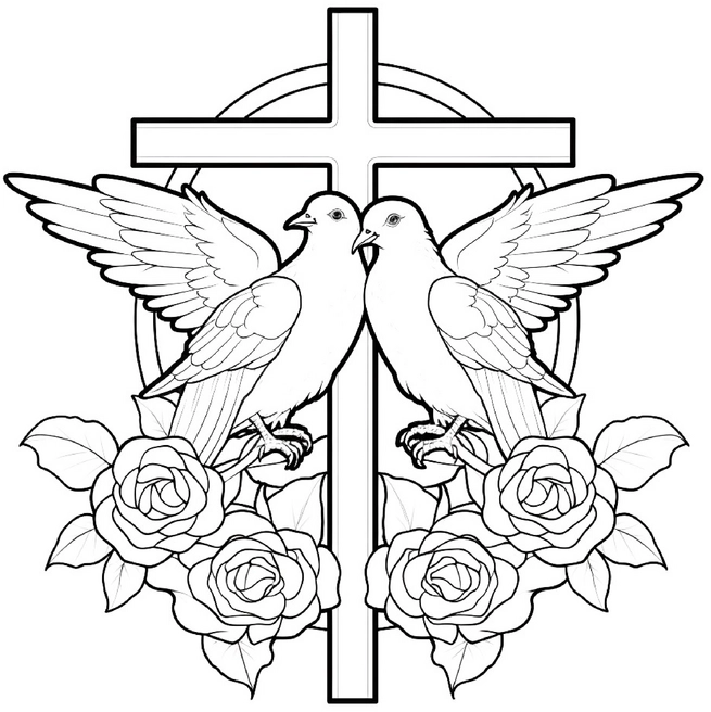 malvorlage-tauben-und-kreuz-rosen