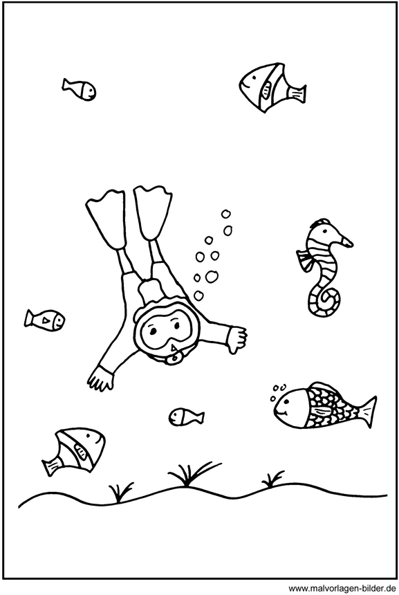 malvorlage-taucher-unter-wasser-mit-fischen