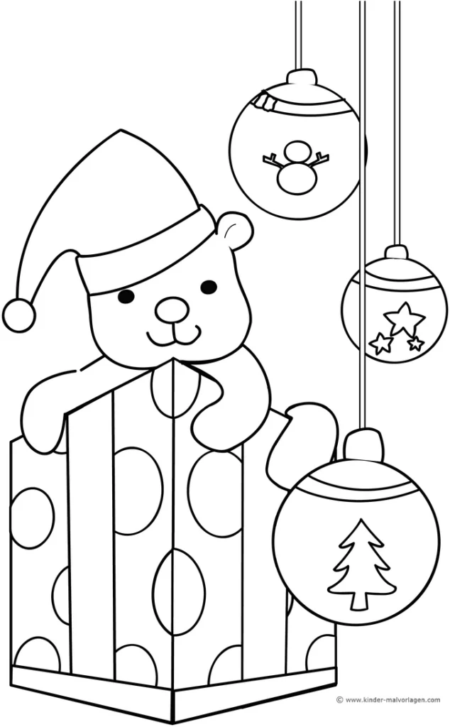 malvorlage-teddy-im-geschenk-mit-weihnachtskugeln