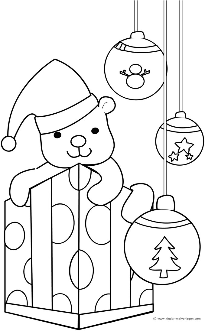malvorlage-teddy-im-geschenk-mit-weihnachtskugeln