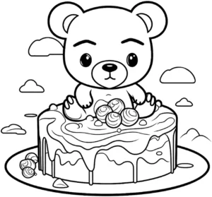 malvorlage-teddybaer-auf-kuchen-mit-wolkenlandschaft