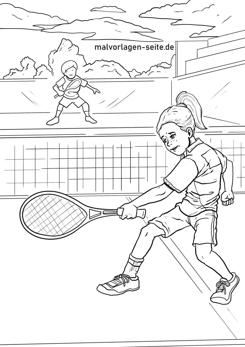 malvorlage-tennis-spielende-kinder-auf-dem-tennisplatz
