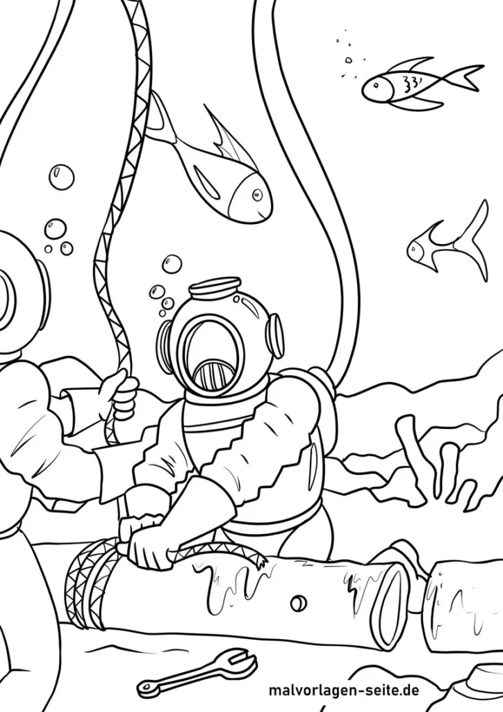 malvorlage-tiefseetaucher-und-fische