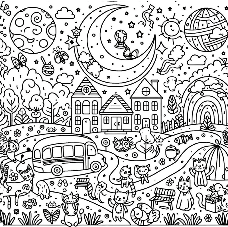 malvorlage-tiere-haeuser-weltall-kreativ-ausmalen