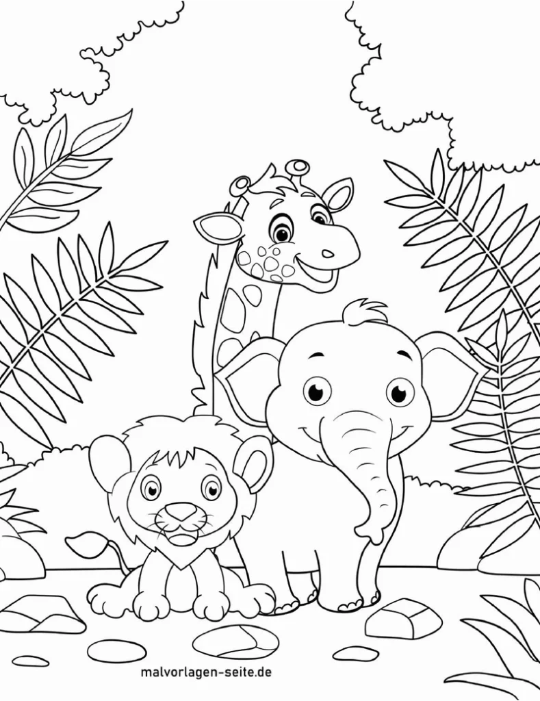 malvorlage-tiere-im-dschungel-elefant-loewe-giraffe