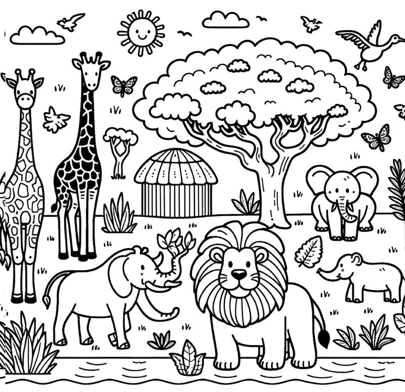 malvorlage-tiere-im-zoo-giraffen-elefanten-löwe
