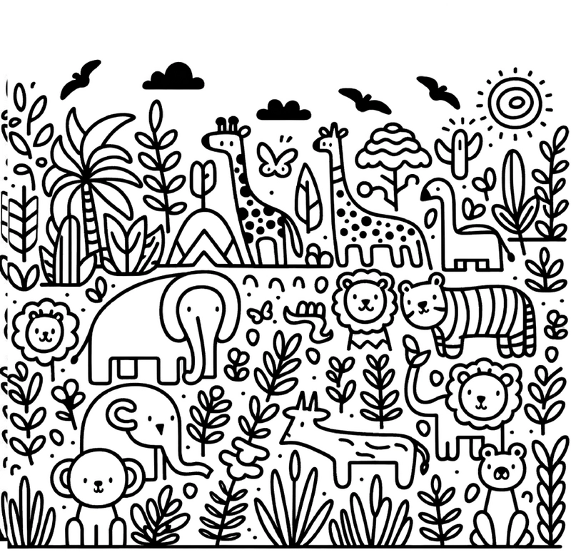 malvorlage-tiere-in-der-natur-giraffen-und-elefanten